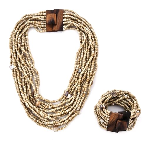Shop LC Seed Bead Necklace Bracelet Set Boho Jewelry for Women | Multi Layered Boho, Wooden Clasp, 18 Inch Necklace, Stretchable Bracelet - color: Beige