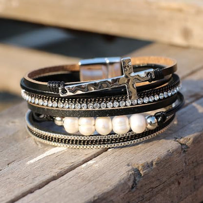 Vercret Leather Wrap Bracelet for Women, Multi-Layer Cuff Bangle | Boho Stacked Bracelets with Safe Clasp Western Bangle Jewelry Gift for Lady and Mom Sister Friend - style: Pearl Cross Black
