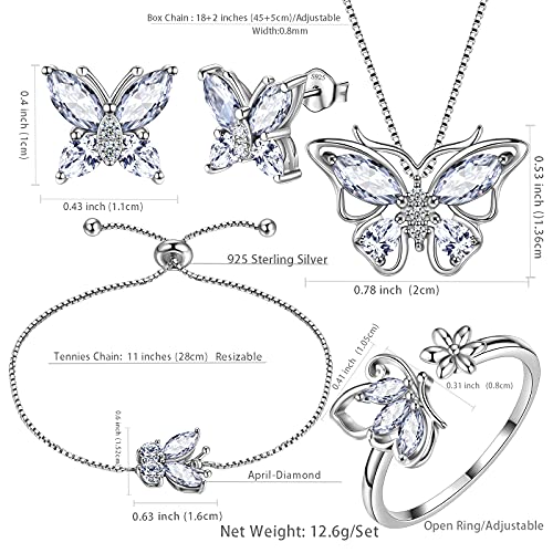 Aurora Tears Butterfly Jewelry,Women 925 Sterling Silver Butterflies Birthstone Pendant Necklace/Earrings/Rings Wedding Gift - color: D.April-set 3