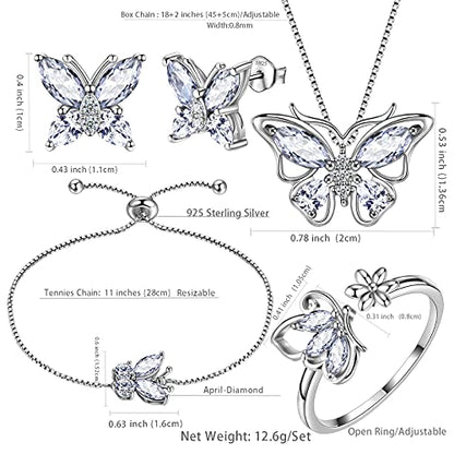 Aurora Tears Butterfly Jewelry,Women 925 Sterling Silver Butterflies Birthstone Pendant Necklace/Earrings/Rings Wedding Gift - color: D.April-set 3
