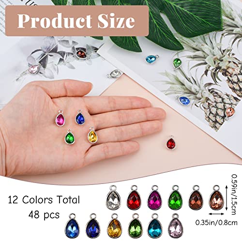 Birthstone Charms Beads, 48 Pcs Teardrop-Shaped Crystal Charms for Jewelry Making, 12 Colors