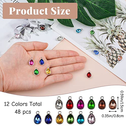 Birthstone Charms Beads, 48 Pcs Teardrop-Shaped Crystal Charms for Jewelry Making, 12 Colors