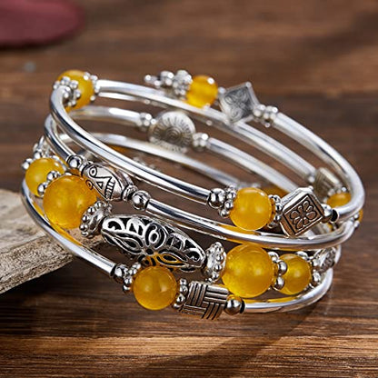 BULINLIN Layered Wrap Bangle Turquoise Bracelet - Bead Bracelet with Natural Agate Stone, Gifts For Women - color: 03-Yellow