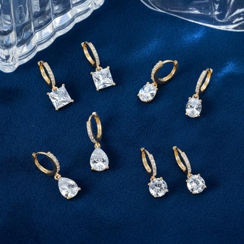 2-4 Pairs Dangle Drop Earrings for Women, 18K Gold Plated Cubic Zirconia Drop Dangle Huggie Hoop Earrings CZ Teardrop Hypoallergenic Jewelry - color: CZ Yellow Gold 2