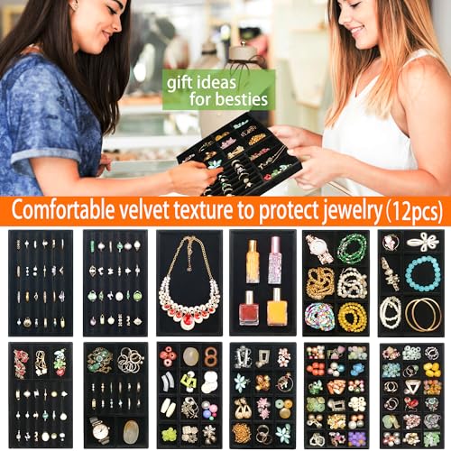 12 Pcs Velvet Jewelry Tray Stackable Jewellery Organier Trays Earrings Necklace Rings Storage Box Jewelry Drawer Display Case for Bracelet Earring Watch Accessories with Removable Dividers, Black