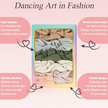 Ribbed Knit Scrunchies, Soft Stretchy Fabric Hair Ties, Neutral Solid Colors (Beige, Sage, Gray) No Crease for Women, Thick & Thin Hair, Everyday Casual & Workout Use - color: Set 16