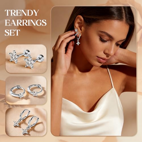 14K Gold Hoop Dangle Stud Earrings Surgical Steel Helix Piercing | Hypoallergenic,Cubic Zirconia,3 Pairs Huggie Hoop Set for Women,Dangle Stud,Cartilage Tragus Conch Earring,Jewelry Gift - color: K2-Silver Clover CZ