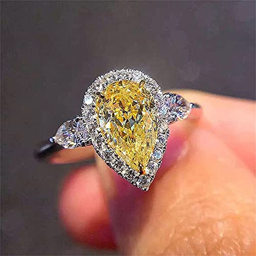 925 Sterling Silver Full Diamond Ring Shiny Citrine Ring Tear Drop 3Ct Zirconia Promise Halo Rings CZ Yellow Gem Cocktail Rings Eternity Engagement Wedding Band Ring for Women TZ.118 (US Code 10) - size: US Code 10