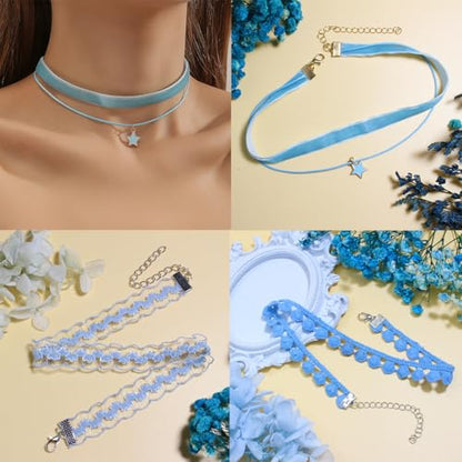 Nova&Aria Chokers Set For Women Heart Choker Necklaces Flower Pendant Velvet Cute Pink Turquoise Blue White Black Choker Necklace Christmas Colorful Lace Chokers - color: Light Blue