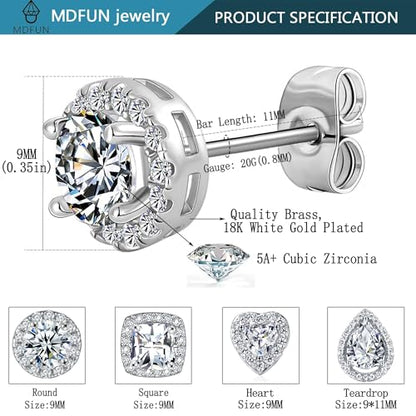 MDFUN Halo Stud Earrings 18K Gold Plated Round/Square/Heart/Teardrop Cubic Zirconia Earrings Set for Women - color: A-Round/Heart