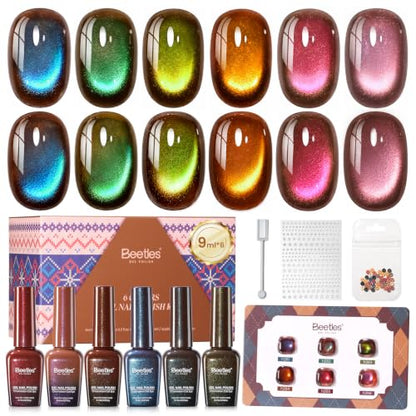 Beetles Mocha Sweater Cat Eye Gel Nail Polish Set, 6 Colors 9ml Fall Gel | Brown-Based Iridescent Cat Eye Gel Kit Magnetic Effect, Button Charms & Star Stickers & Magnet, Soak Off UV Salon at Home - color: A - Brown-Based Cat Eye | Mocha Sweater