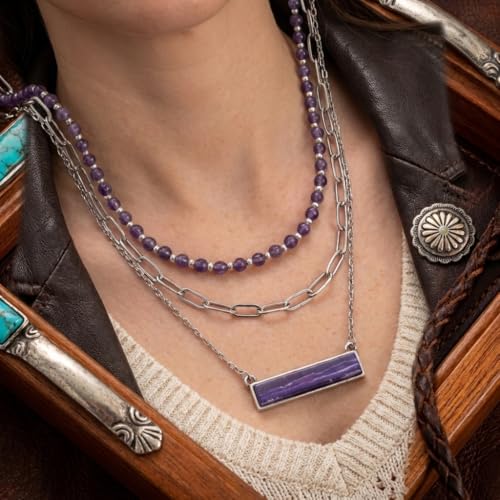 Layered Stone Necklace, Triple Strand Beaded Choker with Paperclip Chain, Boho Western Fashion Jewelry - color: Purple