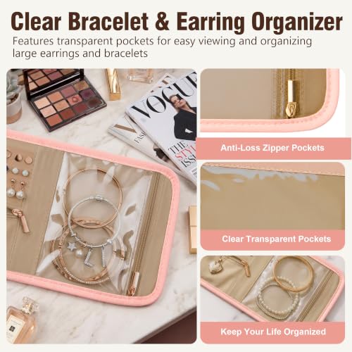Sodsay Travel Jewelry Case Foldable Travel Jewelry Organizer for Women | 5 Compartments, Quilted Cotton & Polyester, Scratch Resistant, Foldable Lightweight, Travel Friendly, Gift for Women - color: Pink