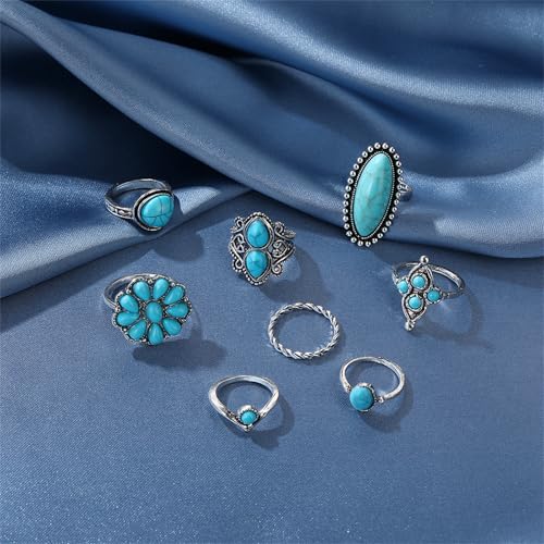 Bohemian Turquoise Ring Set for Women,Vintage Western Rings Chunky Turquoise Opal Stackable Knuckle Ring Set Punk Midi Finger Ring Pack Boho - style: Ring set-C