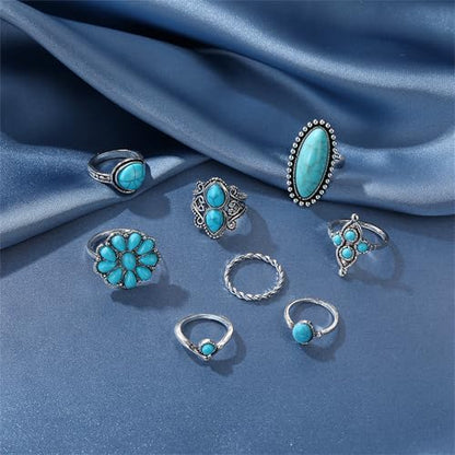 Bohemian Turquoise Ring Set for Women,Vintage Western Rings Chunky Turquoise Opal Stackable Knuckle Ring Set Punk Midi Finger Ring Pack Boho - style: Ring set-C