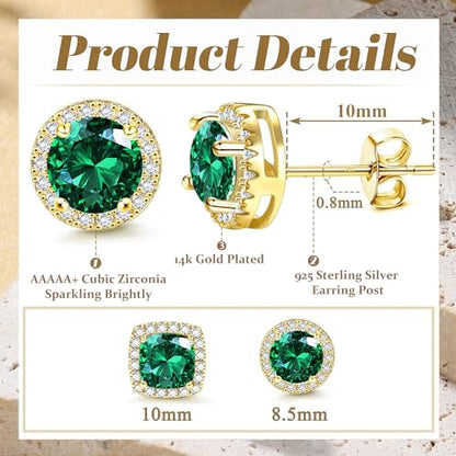 18K Gold Plated Halo Stud Earrings 925 Sterling Silver Cubic Zirconia Stud Earrings Round Square Diamonique Stud Earrings Set for Women Men - color: Gold&Green