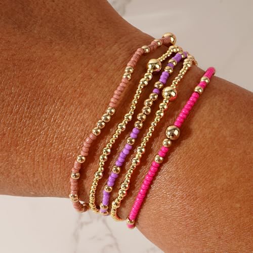 Stack Small Seed Bead Bracelets Set for Women, Boho Handmade Colorful Stretch Accessories Jewelry, Summer Beach Daily Wear Holiday Friendship Gift - color: Purple