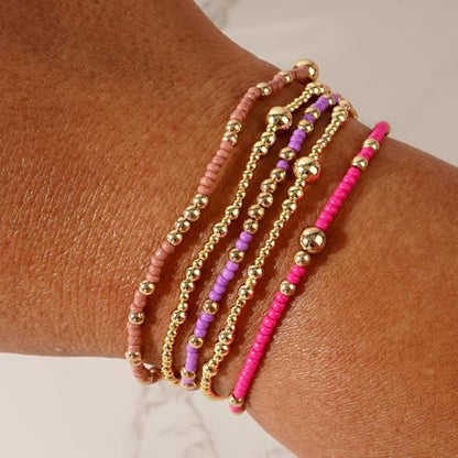 Stack Small Seed Bead Bracelets Set for Women, Boho Handmade Colorful Stretch Accessories Jewelry, Summer Beach Daily Wear Holiday Friendship Gift - color: Purple