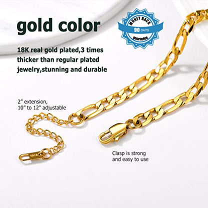 PROSTEEL Ankle Bracelets for Women, Silver/Gold/Black, Waterproof Anklets | Waterproof, Stainless Steel, Summer Beach Jewelry, Durable & No Tarnish, Come with Gift Box, 8-10.5" Adjustable, Plus Size - color: D: gold-figaro chain-6mm