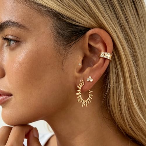 Dremmy Studios Dainty CZ Huggie Hoop Earrings 14K Gold Plated Chunky Simple Cute Thick Round Frill Bead Ball Starburst Cuff Earrings Cubic Zirconia Hoop Earrings Minimalist Personalized Gift for Her - color: Bead GD