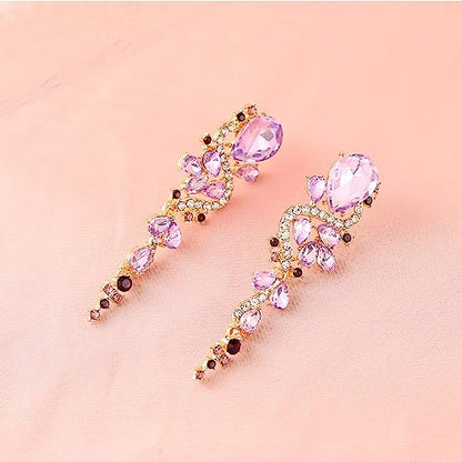 Fashion Rhinestone Statement Drop Dangle Earrings Long Colorful Crystal Bridal Wedding Teardrop Chandelier Earrings for Women Prom Pageant - color: Purple
