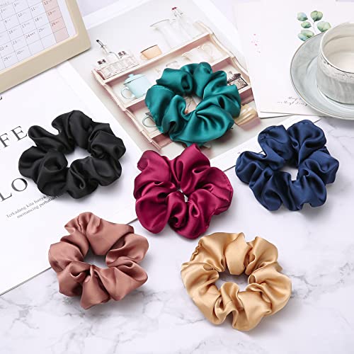Lolalet Scrunchies for Women, Satin Hair Scrunchies Softer Than Silk Hair Ties for Hair Sleep, Big Scrunchy Ponytail Holder with Elastic Hair Bands for Girls Thick Thin Curly Hair -6 Pack, Style D - color: 3 - Satin/Dark Blue, Champagne, Light Purple, Bla