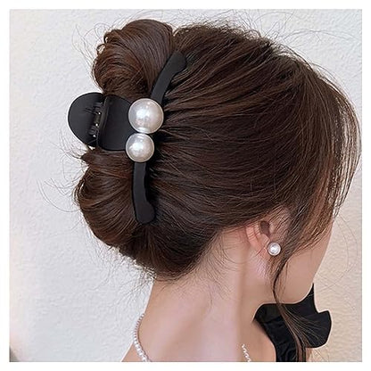 Pearl Claw Clips - Black Hair Bows - Pearl Bead Hair Clamps - Strong Hold Jaw Clip - Large Non Slip - Hair Clips for Thick & Long Hair - Fashion Hair Accessories - Jewelry for Women & Girls