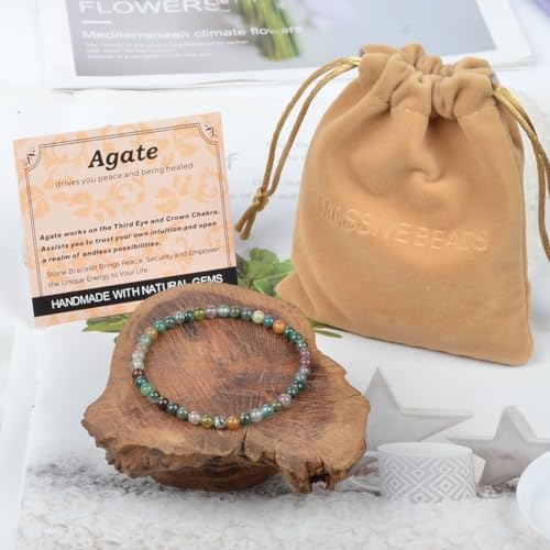 MASSIVE BEADS Handmade Yoga Stretch Elastic Bracelet Natural Stone Crystal Healing Power Energy Gifts for Unisex Adult 4mm 6mm 8mm 10mm - color: Indian Agate(Peaceful), size: 4mm