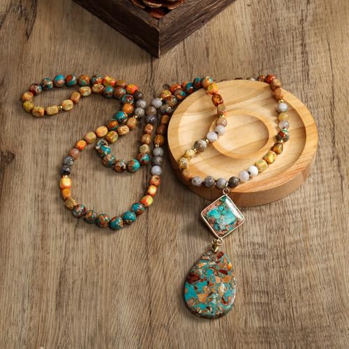 Yomisa Long Necklaces for Women Trendy, 33/34/35 inch | Boho Beaded Necklaces for Women, Natural Stone Pendant, Handmade Knotted Bead, Bohemian Holiday Summer Western Charm Jewelry - color: 35inch-Orange&Blue