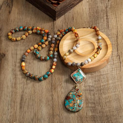 Yomisa Long Necklaces for Women Trendy, 33/34/35 inch | Boho Beaded Necklaces for Women, Natural Stone Pendant, Handmade Knotted Bead, Bohemian Holiday Summer Western Charm Jewelry - color: 35inch-Orange&Blue