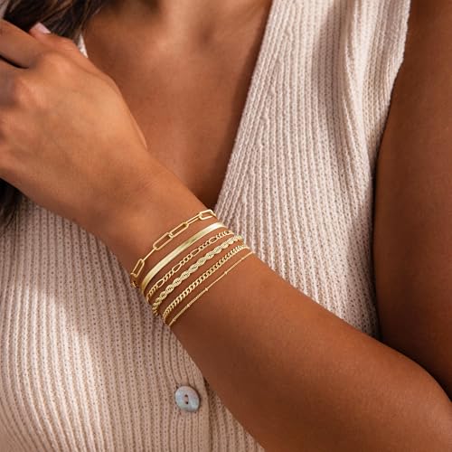M MOOHAM Gold Bracelets Set for Women No Tarnish | 14K Gold Plated, Dainty Stackable Bracelets Stack for Women, Herringbone Paperclip Rope Cuban Chain Bracelet Set Stack - color: 3.Rope Snake Paperclip Set 1