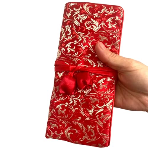 Embroidery Travel Jewelry Roll Bag, Western Floral Embroidered Brocade Jewelry Organizer, Portable Tie Closure Jewelry Pouch Storage Case for Women (Red) - color: 05 Red