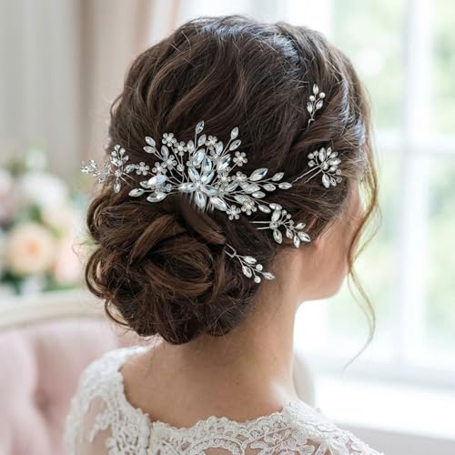 6 pcs Wedding Hair Accessories Bridal Hair Pins Silver Rhinestone with Pearls Hair Pieces for Brides Women Girls - color: Silver B