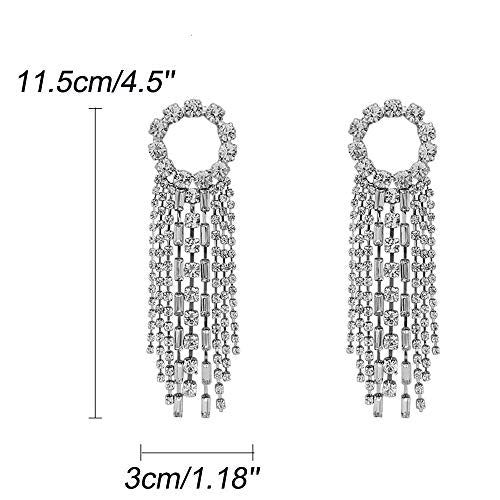 Fashion Women Earrings Silver Tassel Full Rhinestones Ring Long Chain Drop Dangle Earrings Jewelry for Women