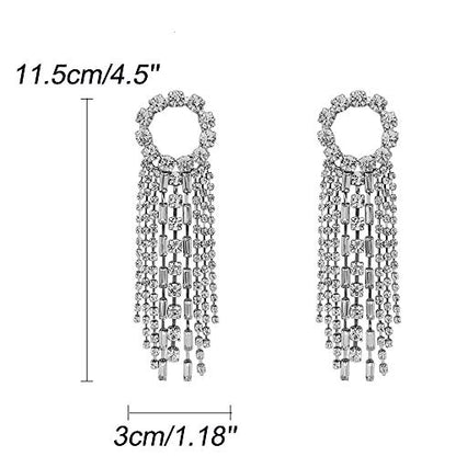 Fashion Women Earrings Silver Tassel Full Rhinestones Ring Long Chain Drop Dangle Earrings Jewelry for Women