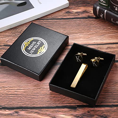 LOYALLOOK Black Initial Cufflinks and Tie Clip Set for Men Personalized Copper Cuff links and Tie Bar Letter Alphabet A-Z Gift for Father Husband Valentine Gifts for Men - color: K