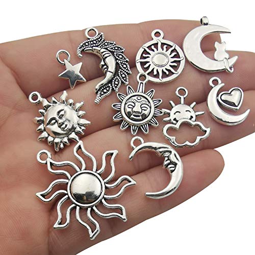100g(80pcs) Craft Supplies Mixed Antique Silver Sun Moon Stars Charms Pendants for Crafting, Jewelry Findings Making Accessory for DIY Necklace Bracelet (M250) - color: M250