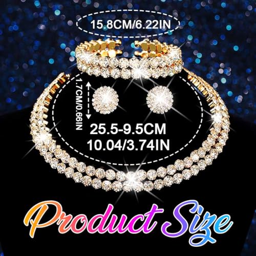 Silver Jewelry Set Rhinestone Necklace Earrings Bracelet Sets Wedding Prom Formal Jewelry for Women and Brides - color: Gold