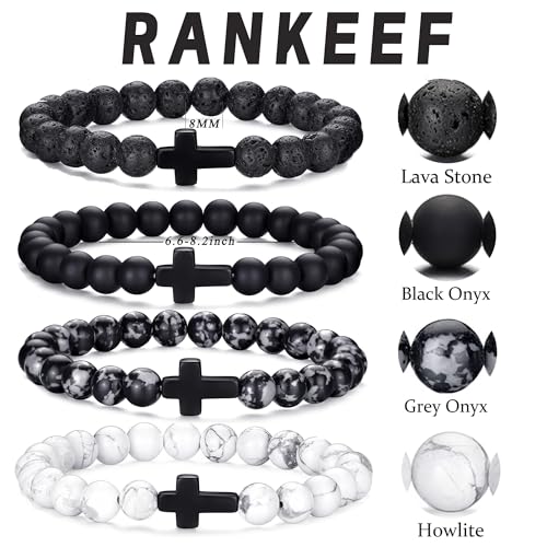 Mens Beaded Bracelets Set 8MM Tiger Eye Lava Stone Stretch Natural Stone Men's Bead Bracelet Mens Bracelet - color: 4,Cross-Bracelet-B