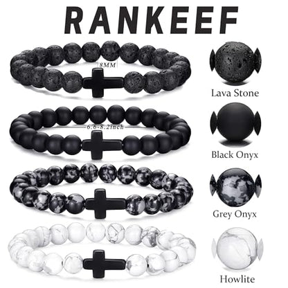Mens Beaded Bracelets Set 8MM Tiger Eye Lava Stone Stretch Natural Stone Men's Bead Bracelet Mens Bracelet - color: 4,Cross-Bracelet-B