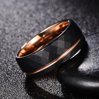 Men's Geometric Faceted Split Band – 8mm Wide Black Tungsten Wedding Ring with Rose Gold Accent (US Sizing)
