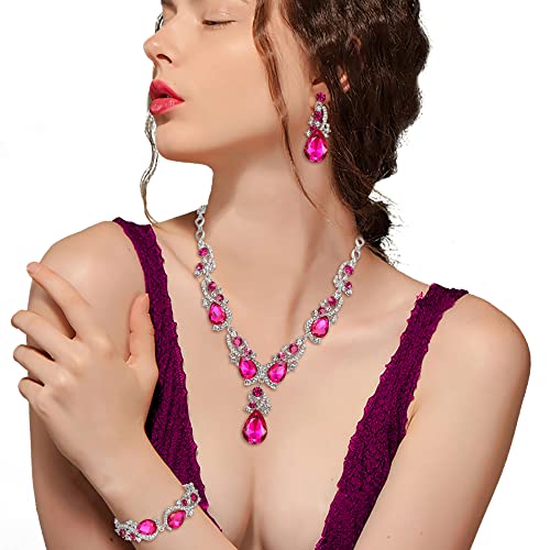 Wedding Bridal Jewelry Set for Women Prom Party Accessories | Shiny Multi Teardrop Cluster Crystal Statement Necklace Dangle Earrings Link Bracelet Set for Bride Bridesmaid - color: Fuchsia Silver-Tone