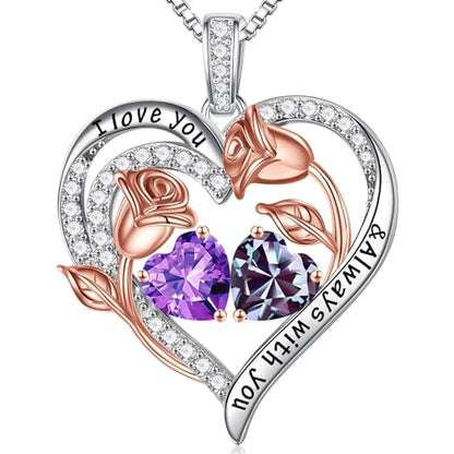Iefil Birthstone Necklace for Women - Rose Heart Necklace | 925 Sterling Silver, Gift Box Packaging, Anniversary Birthday Gifts for Wife Mom Daughter - color: 02-06-Feb-Jun Birthstone
