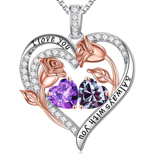Iefil Birthstone Necklace for Women - Rose Heart Necklace | 925 Sterling Silver, Gift Box Packaging, Anniversary Birthday Gifts for Wife Mom Daughter - color: 02-06-Feb-Jun Birthstone