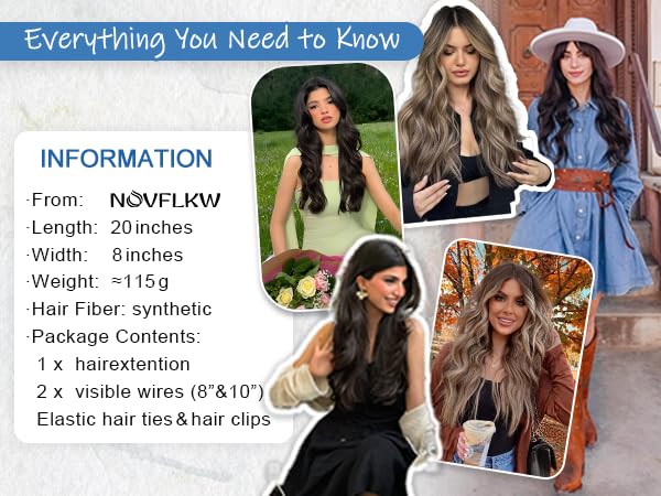 Balayage Dark Brown Halo Hair Extensions with Chestnut Highlights | 20 Inch Wavy Synthetic Fiber with Invisible Wire and 4 Secure Clips for Easy Daily Styling and Party Wear - color: Brown Highlight