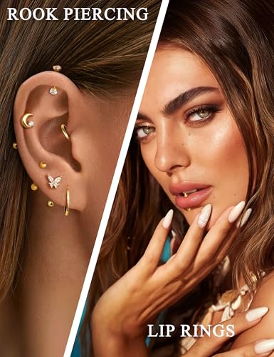 Ubjuliwa 12pcs 16G Rook Piercing Jewelry Eyebrow Rings Stainless Steel Belly Lip Ring Cartilage Hoop Rook Daith Earrings Tragus CZ Body Piercing Curved Barbell