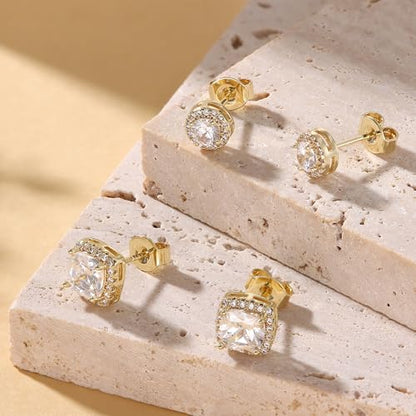 18K Gold Plated Halo Stud Earrings 925 Sterling Silver Cubic Zirconia Stud Earrings Round Square Diamonique Stud Earrings Set for Women Men - color: Gold1