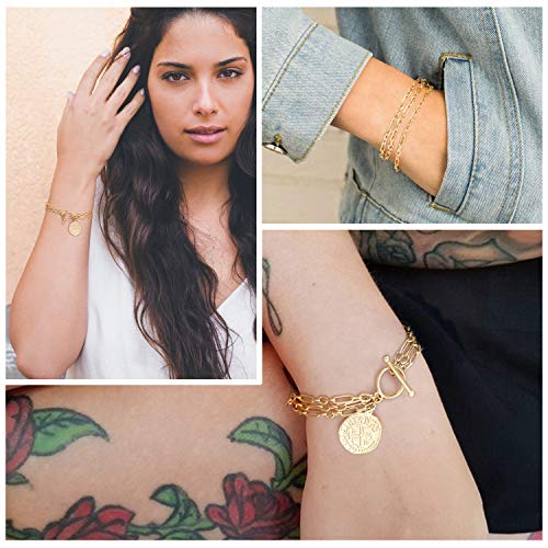 PEARLADA 18k Gold Plated Chain Layerd Bracelet Coin Charm Toggle Bracelet Trendy Cubic Zirconia Jewelry - color: 1. Tripple strand cross