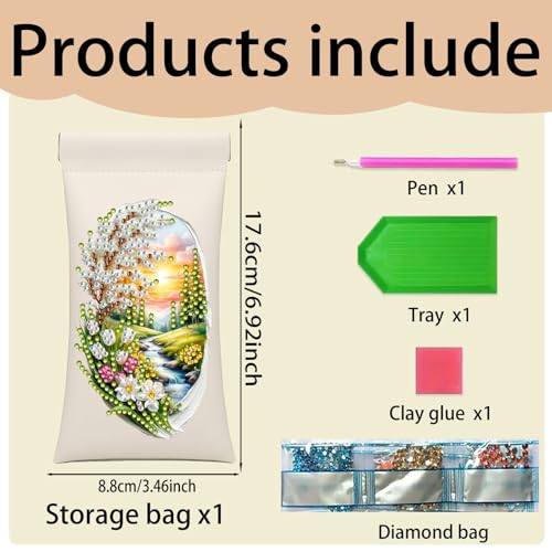 Diamond Art Painting Eye Glass Bag PU Sunglasses Glasses Storage Bag Built-in Glasses Cloth Press Automatic Closure - color: Landscape
