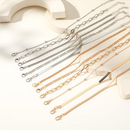 12pcs Gold/Silver Ankle Bracelets for Women Layered Waterproof 14k Cuban Link Chain Anklets Set Adjustable Dainty Summer Beach Gold Accessories Boho Bracelet Jewelry - style: 12PCS Style B